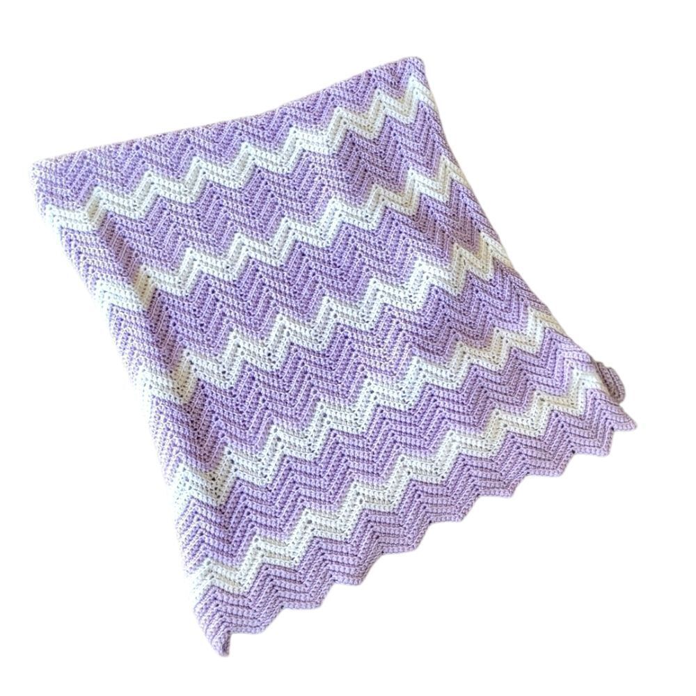 Handmade Crochet Lilac Purple And White Chevron Baby Blanket Throw 30"x45"